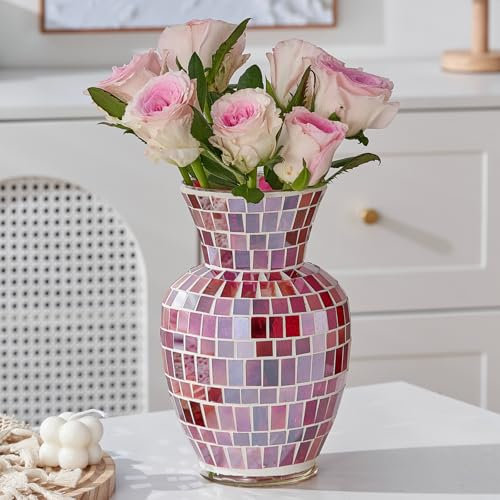 WLGRANJIA Rosa Mosaik-Glas-Blumenvase, 21,6 cm, handgefertigt, dekorative Vase für Wohnzimmer, Küche, Hochzeit, rosa Vase für Heimdekoration (groß)