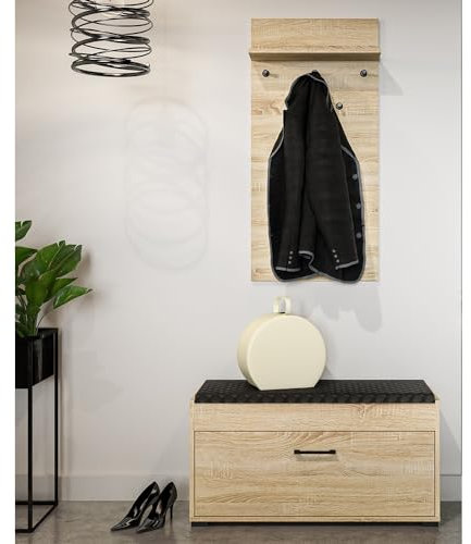 Lomadox Garderoben Set Schuhbank 90cm gepolstert mit Klappe Stauraumfach Aufbewahrung Wandgarderobe Eiche hell modern