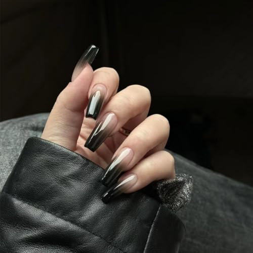 MouyouGlow Press on Nails Lang,Ballerina Nude Schwarz Gradient Halloween Gothic Fake Nails Kunstnägel mit Nagelkleber,Natürlich Black Ombre Künstliche Fingernägel