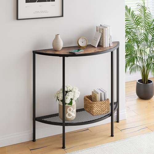 VECOCHO Konsolentisch Schmaler Sofatisch mit 2 Ebenen Beistelltisch Kleiner Tisch,Flurtisch,Halbrunder Couchtisch für Wohnzimmer, Schlafzimmer, Balkon,Console Table,Retro-Braun