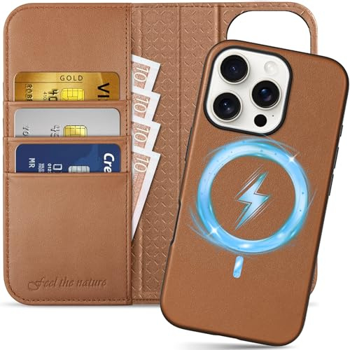 SHIELDON Hülle für iPhone 16 Pro, 2 IN 1 Case [Echtleder] [Abnehmbar] [kabelloses Aufladen] [RFID Blocker] [Kartenfach] [Magneticsch] Ledertasche Kompatibel mit iPhone 16 Pro 6,3 - Sattelbraun
