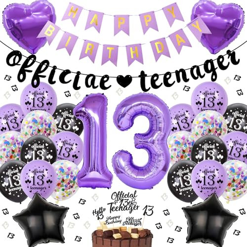 Offizielle Teenager 13. Geburtstag Dekoration - 66 Stück 13 Jahre Mädchen Geburtstagsdeko Schwarz lila Ballons Stern Herz Folienballon Happy Birthday Banner Tortendeko Topper für 13. Geburtstag Deko