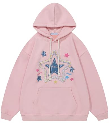 Aelfric Eden Felpa con Cappuccio Donna Cotone Hoodie a Maniche Lunghe Felpa Cartoon Denim Star Applique Embroidery Maglia Sweatshirt Pullover Casual Autunno Inverno Rosa S