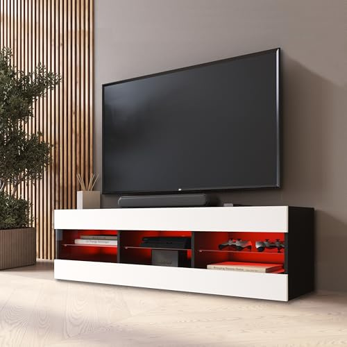 Komodee TV Schrank Tivoli A2 Weiß/Schwarz 140x40,5x35,5 cm | Komodee TV Schrank Tivoli, Weiß/Schwarz, Breite 140cm x Höhe 40,5cm x Tiefe 35,5cm, LED RGB, für Wohnzimmer, Schlafzimmer