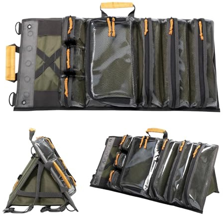 Robuste, aufrollbare Werkzeugtasche mit Ständer für aufrechte Sichtbarkeit und einfachen Zugriff, 7 Taschen mit Reißverschlüssen, mehrere Trage- und Aufhängegriffe, magnetischer und elastischer