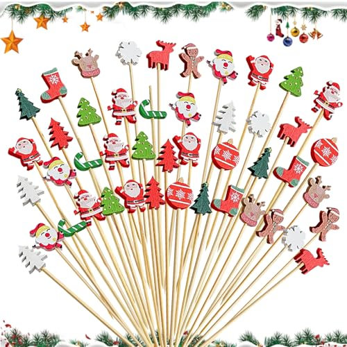 KASESSS 100 Piezas Navidad Palillos para Aperitivos, Navidad Palillos de Cóctel, 12cm Pinchos Decorativos Cócteles, Palitos de Cóctel de Madera para Fruta Aperitivos Fiestas Bebidas Decoración