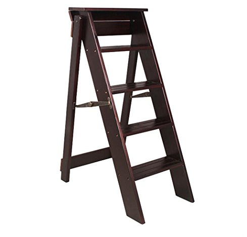 Solid Wood Portable Folding Ladder with 5 Steps Black Walnut Color