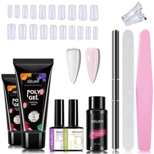 NLFOX Polygel Nail Kit - 2 Color Builder Gel - Clear, Pink - Gel Extension UV/LED Base & Top Coat Set