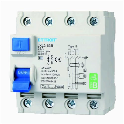 Interruttore magnetotermico differenziale puro 4P, 4 moduli, 380V AC/DC, 25A, 30mA, 6KA, curva B - Ettroit JX342569