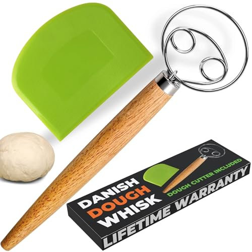 Danish Dough Whisk & Dough Cutter Set – 13 Bread Whisk with Stainless Steel Double Eyes Design, Sourdough Mixer Tool for Baking, Pizza, Pastry, Cake Batter – Wooden Handle & Stainless Steel Hook