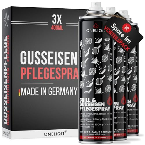 ONELIQIT® Vorteilspack Gusseisen Pflegespray 3x400ml, Dutch Oven Pflege mit Antihaftfunktion verhindert Anhaften des Grillguts, für die einfache Pflege von Grillrost, Dutch Oven und Pfannen