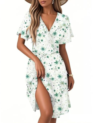 Générique Robe Femme Chic Et Elegant Col V Manches Courtes éTé Bohè Femme Robe de Eté Col en V Elégant Volants Taille Haute Décontractée A-Ligne Mini Robes pour FêTer Vacances Plage