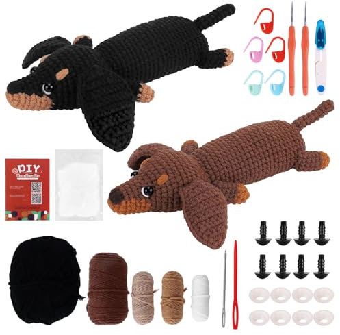 Viitech Häkelset für Anfänger, Komplettes Häkelset Dackel Hund Set mit Garn Haken Nadeln, Stricken für Anfänger Set mit Schritt Video Kreativ Hunde Strickset für Geschenk