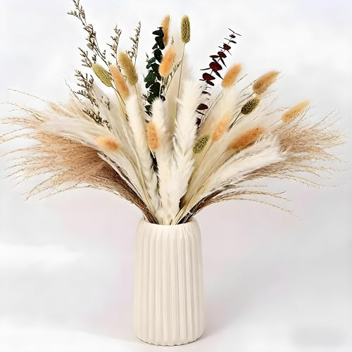 LOMIMOS Pampasgras Getrocknet Deko，43PCS Trockenblumenstrauß mit Pampasgras Eukalyptus Schilfrohr Hasenschwanz Schneebesen für Zuhause, Hochzeit, Tischdekoration