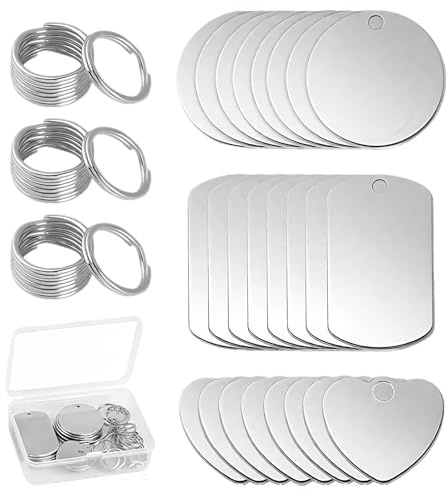 ChAusa 24 Stück Edelstahl Anhänger Blanko, DIY Making kit Schlüsselanhänger | Schlüsselanhänger Edelstahl Runde Rechteckige Herzförmige Hundemarke Rohling, für Halskette Hundemarken Schmuckherstellung