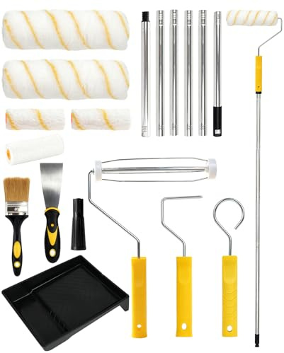Lapluied 1.9M/75 Paint Roller Set with Extension Pole 17pcs Paint Rollers and Trays Sets Includes Small Paint Roller, 9 & 4 Rollers, Durable Tray for Painting Walls & Ceilings