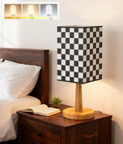 BGMUTCX Bedside Table Lamp with 12W LED Bulb, Chess Board Fabric Shade (Racing Flag Black and White Pattern), 3 Color Modes - Suitable for Bedroom, Nightstand, Office, Living Room, Guest Room