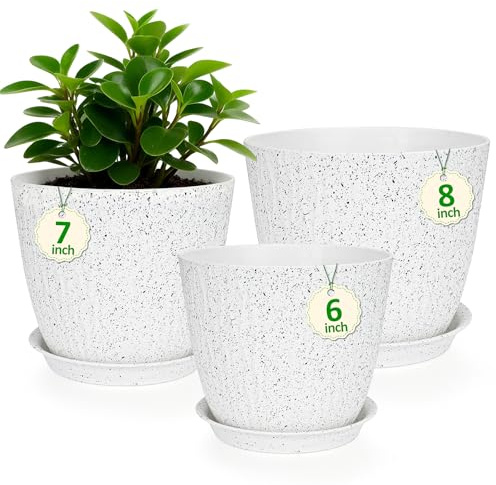 CSYY Plant Pots Indoor, Plastic Planters with Drainage Holes and Saucer, Decorative Stripe Grooves Flower Pots for Indoor Outdoor Houseplants (White and Black, 8/7/6in)
