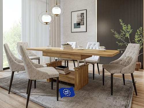 designimpex DA-555 Couchtisch Eiche Gold Craft ausziehbar höhenverstellbar mit Schublade 120/200 cm modern Wohnzimmertisch Esstisch abgerundete Ecken Sofatisch platzsparend hochwertig Wohnzimmer