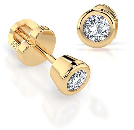 Solitär Diamant Ohrstecker Gold 585 mit 2 echten Diamanten 0.1 ct - Klassische Diamant Scheibe Ohrringe für Damen & Mädchen - Echtschmuck als Geschenk