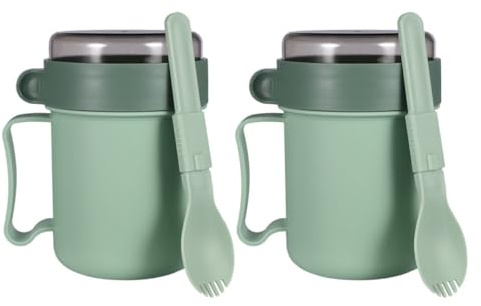 DIYEAH Tasse D'avoine 2 Pièces en PP Vert, Compatible Micro-ondes | Mug Soupe Micro Ondable, Couvercle et Cuillère Inclus, pour Nouilles et Porridge, Bureau et Voyage