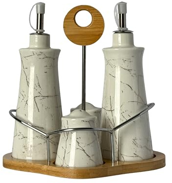 Oil & Vinegar Dispenser Set with Stand, Marble Glass Bottles, Salt & Pepper Shakers, 4 Piece Kitchen Condiment Set (White)