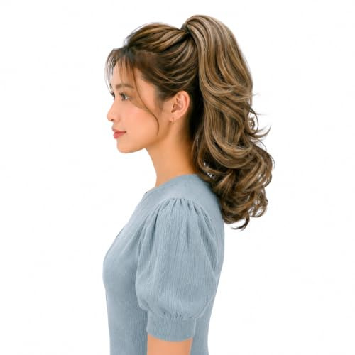 CAISHA 14 Lightweight Synthetic Ponytail Claw Clip Brown Mix H60C | Heat Resistant 35cm Hair Piece Extension Long Thick Wavy Volume Pieces Fake False Hairpieces Butterfly Jaw Clip-in Weddings