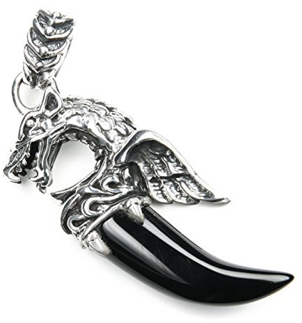 Drachensilber exklusiver Drache 925 Silber Anhänger mit Onyx Zahn, ausgefallener großer Drachen Schmuck, Länge mit Öse: 6.5cm