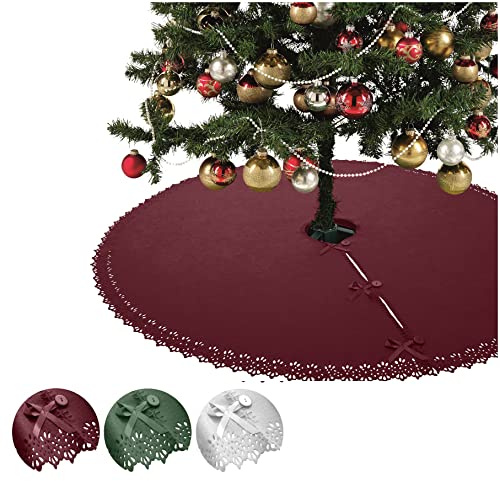 wometo Weihnachtsbaumdecke Ø 120 cm rot Oeko-TEX mit Satinbändern & Knöpfen | Christbaumdecke / Baumunterlage aus Fleece - Landhaus-Muster, gestanzter Rand