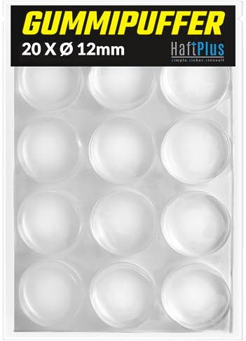 HaftPlus - 20 Stück Elastikpuffer, Anschlagpuffer transparent, Möbelpuffer selbstklebend, Schutzpuffer Anschlagdämpfer, Höhe 3mm, Ø 12mm