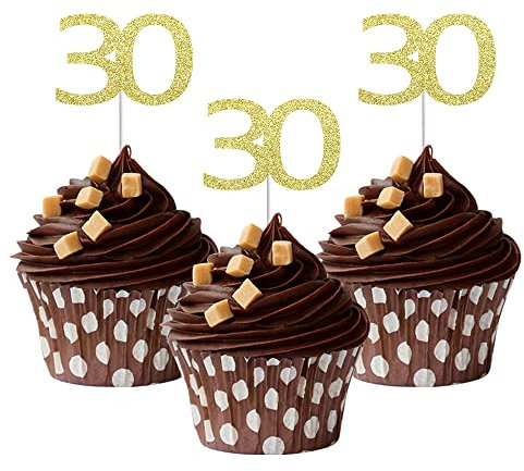 Sumerk 24PCS 30 Cupcake toppers Gold Glitter 30th Birthday Cupcake Picks Anniversary Party Decorations