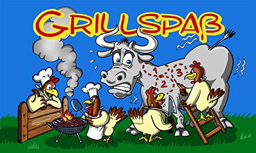 Fahne Flagge Grillspaß Kuh & Hühner Grillen 90x150 cm Hissflagge Spaßflagge Grillspass