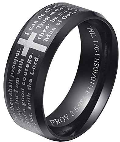 HIJONES Herren Edelstahl BibelVers Lords Prayer Kreuz Gott Ring 3 Farben drehbar Schwarz/Gold/Silber
