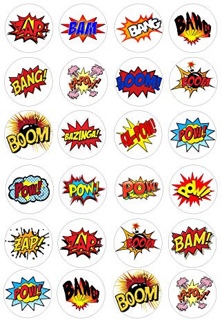 24 edible Zap Bang Pow style Iced Icing CupCake Toppers Cake
