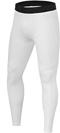 PowerLayer Herren Leggings, Kompressionshose, Sporthose, Lang - Weiss, XL