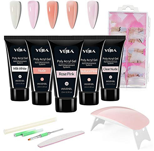 Nagelverlängerungsset, Anself 9 Stück Nagellack Set, Gel-Nagellack 15 ml mit 1 Maniküre-Lampe, 1 Maniküre-Bürste, 1 Nagelfeile, 100 Nagelspitzen(Milchweiß, nackt, rosa, naturrosa, klarer Akt)