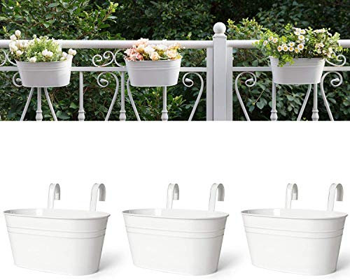 Dahey Lot de 3 Pots de Fleurs à Suspendre en métal pour clôture, Balcon, Jardin, Campagne, fenêtre, décoration intérieure avec Crochets Amovibles, Blanc