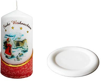 Meissner-Handel Auswahl Motiv, Weihnachtskerze 'Frohe Weihnachten' ca. 6 x 12 cm, farbig getaucht, mit farbigen Wachs- und Bildauflagen, inkl. Keramikuntersetzer (Motiv 036)