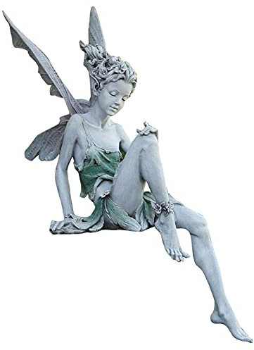Fenteer Outdoor Garten Statue 15x6cm Rasen Skulptur Brunnen Sitzende Feen Figur Dekoration Hof Hinterhof Sims Engel Ornament, Grau