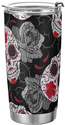 Seamless Gothic Sugar Skulls with Red Roses, Grey Roses Thorns Tumbler with Lid and Straw, BPA-Free Vacuum Insulated Thermal Coffee Mug 20oz,Stainless Steel Double Wall Travel Cup Water Bottle