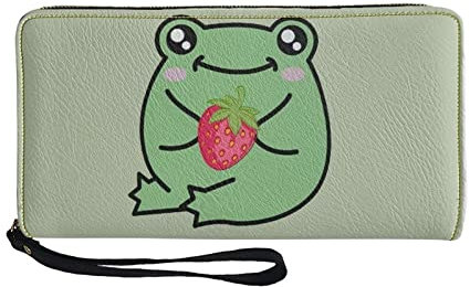 Binienty Damen-Geldbörse Geldbeutel Portemonnaie aus PU-Leder mit großem Fassungsvermögen, Reißverschluss um das Handgelenk, Clutch, Kreditkarten und Handyhalter, Cartoon Frosch, Einheitsgröße