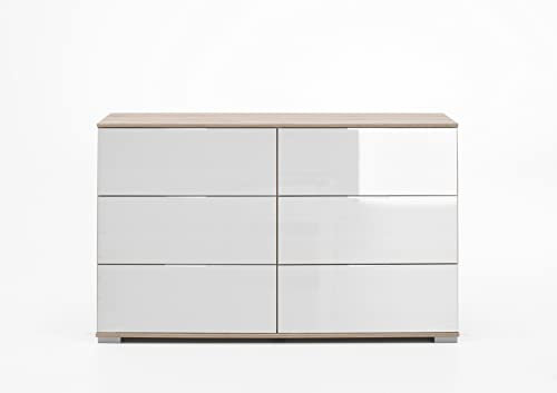 möbelando Schubkastenkommode Easy Plus Kommoden in Eiche-Sägerau mit 6 Schubladen und Absetzungen in Glas Weiss. Abmessungen (BxHxT) 130x83x41 cm