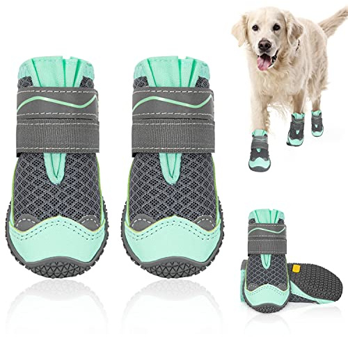 SlowTon Dog Shoes for Large Small Medium Dogs - Breathable Dog Boots for Summer Hot Pavement, Paw Protector for Outdoor Walking Winter Snow, Anti-Slip Rubber Dog Booties for Hardwood Floor (Green, 6)