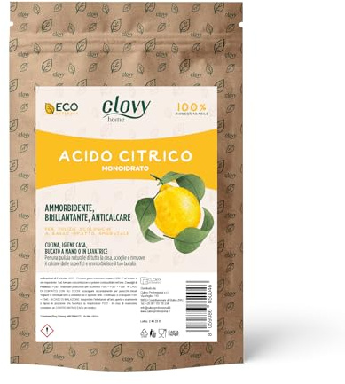 Clovy Zitronensäure, 2,5 kg, Weichspüler, Klarspüler und Entkalker, 100 % rein für die ökologische und natürliche Reinigung der Waschmaschine und des Hauses, 100 % biologisch abbaubar und hergestellt