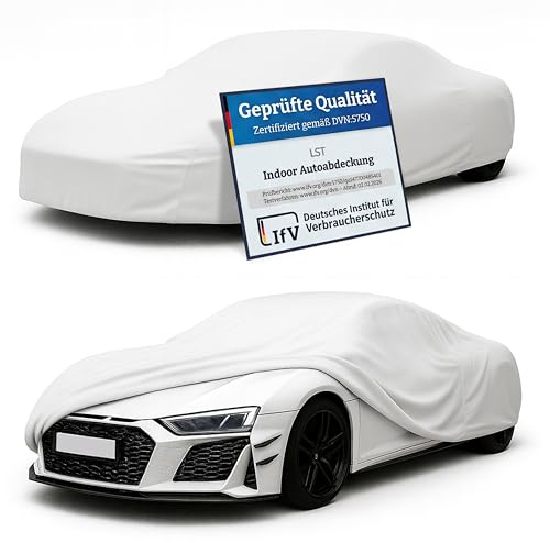 LST Autoabdeckung Indoor – lackschonende und Dehnbare Autogarage. Car Cover Innenbereich für Autohäuser und Endverbraucher. Auto Abdeckplane schützt vor Sonne, Staub. (Weiß, L (450x140x120cm))