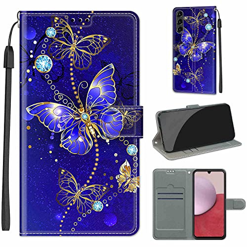 Handyhülle für Samsung Galaxy A14 4G / 5G Hülle, blauer Schmetterling | Standfunktion, Kartenfach, Magnetisch, Stoßfeste Schutzhülle, Flip Leder, Klapphülle