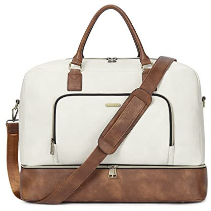 CLUCI Reisetasche Damen PU Leder Gepäck Umhängetasche Schuhfach Weekendertasche Handgepäck Sporttasche Freizeittasche Weiß mit Braun