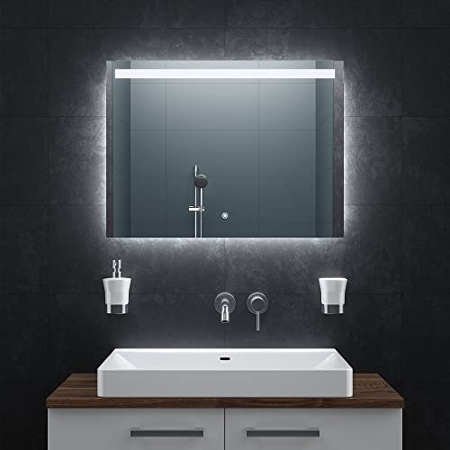 BR Bringer LED Badspiegel - 80x60 cm - Badezimmerspiegel mit Beleuchtung und Anti-Beschlag Funktion - Dimmbar, Energiesparend, 3 Lichtfarben, Touch-Schalter und Speicherfunktion (Modell: BRS104)