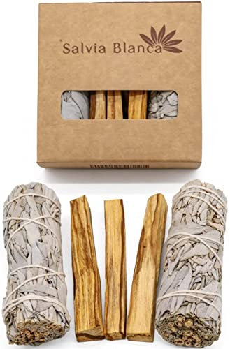Salvia Blanca - Sauge Blanche Purification de Californie 10cm/25g | Encens Protection Naturel | Baton Sauge pour Purification Maison | Durable, 3 Bâtons Palo Santo + 2 Bâtonnets, Bois, Palo Santo