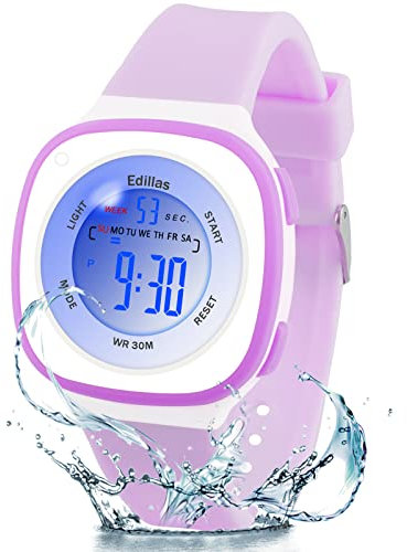 Edillas Kinderuhr Digital Mädchen Jungen,7 Farben Licht Armbanduhr für Kinder wasserdichte Sport Outdoor Multifunktionale digital Uhren mit Stoppuhr,Alarm Alter 4-15 (Lila)